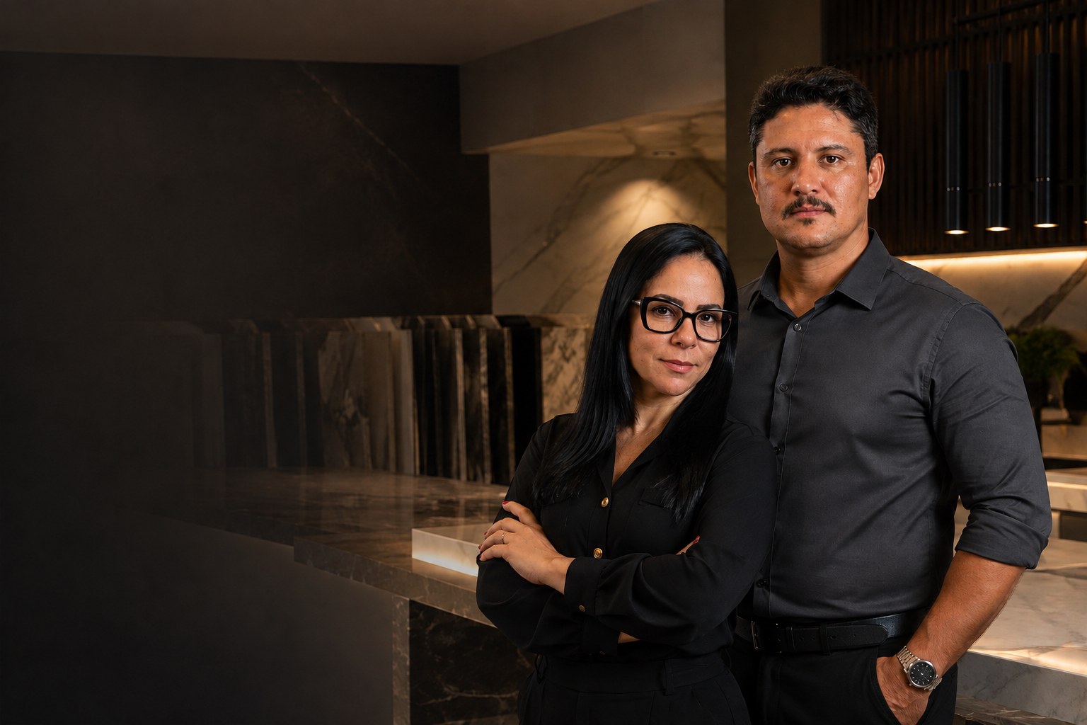 Equipe da JS Mármores & Granitos no showroom, ao lado de chapas de mármore e granito